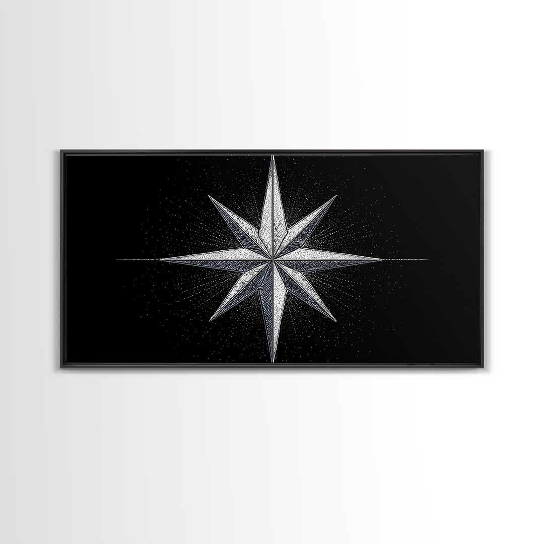 Stippled Compass Rose Canvas Print, Black And White Nautical Star Wall Art, Geometric Modern Poster, Minimal Office Decor