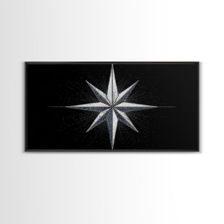 Stippled Compass Rose Canvas Print, Black And White Nautical Star Wall Art, Geometric Modern Poster, Minimal Office Decor
