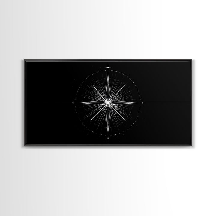 Radiant Compass Star Framed Canvas Print, Black And White Celestial Wall Art, Minimal Geometric Poster, Nautical Decor Gift