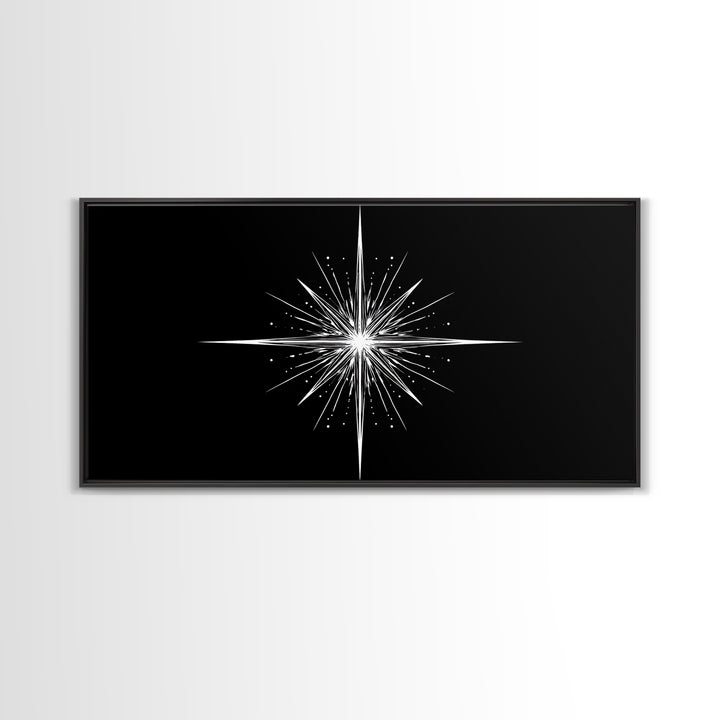 Bright North Star Wall Art, Black And White Celestial Burst Print, Minimal Geometric Poster, Modern Nautical Office Decor