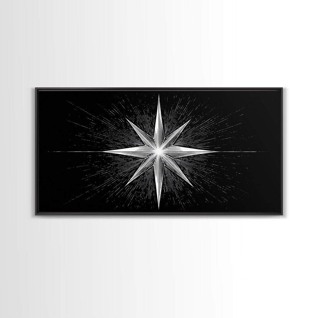 Exploding Compass Star Canvas Print, Black And White Celestial Wall Art, Geometric Nautical Poster, Modern Home Office Decor