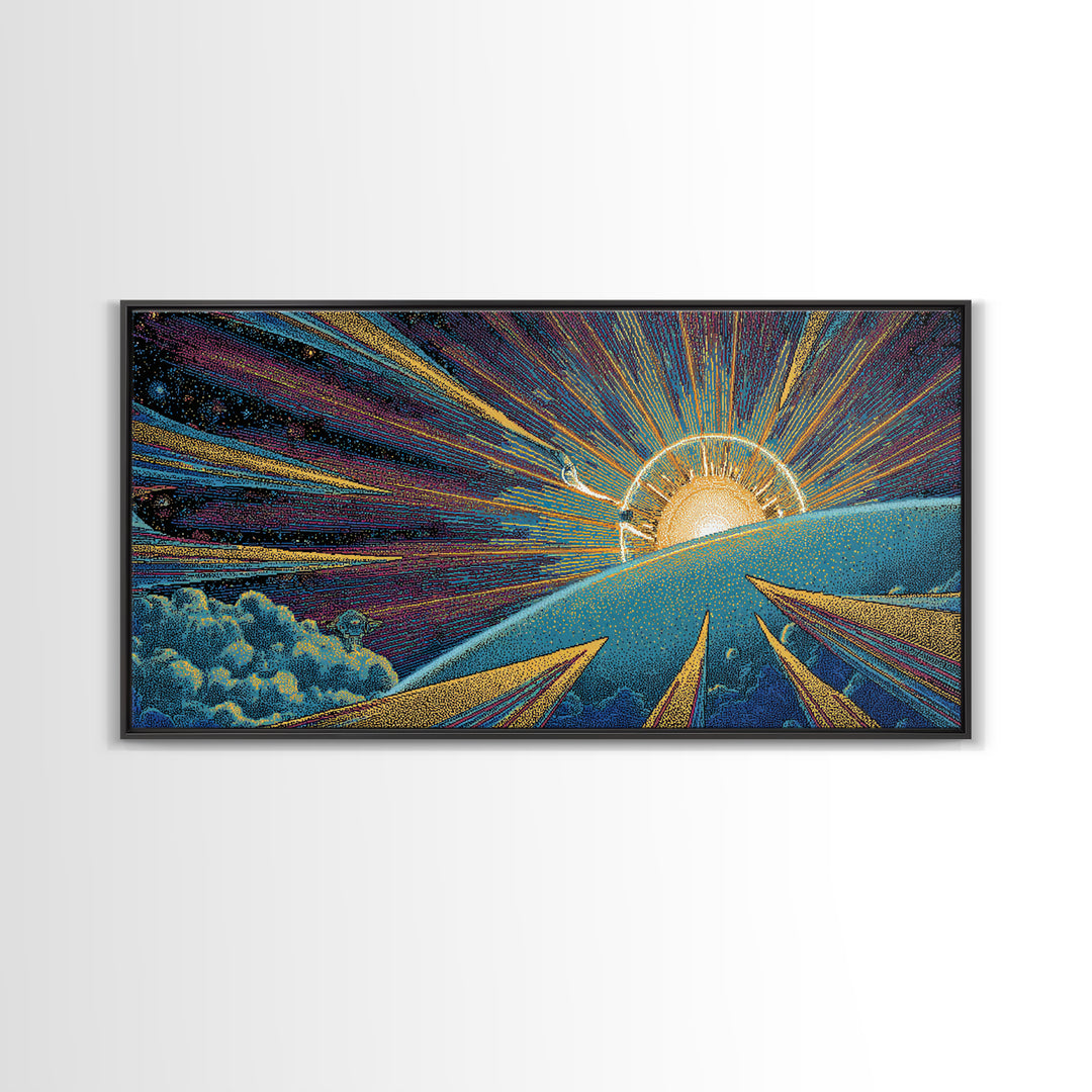 Radiant Sunrise Over Planet Wall Art, Modern Abstract Art Print, Retro Sci Fi Poster, Space Abstract Art, Colorful MCM Decor