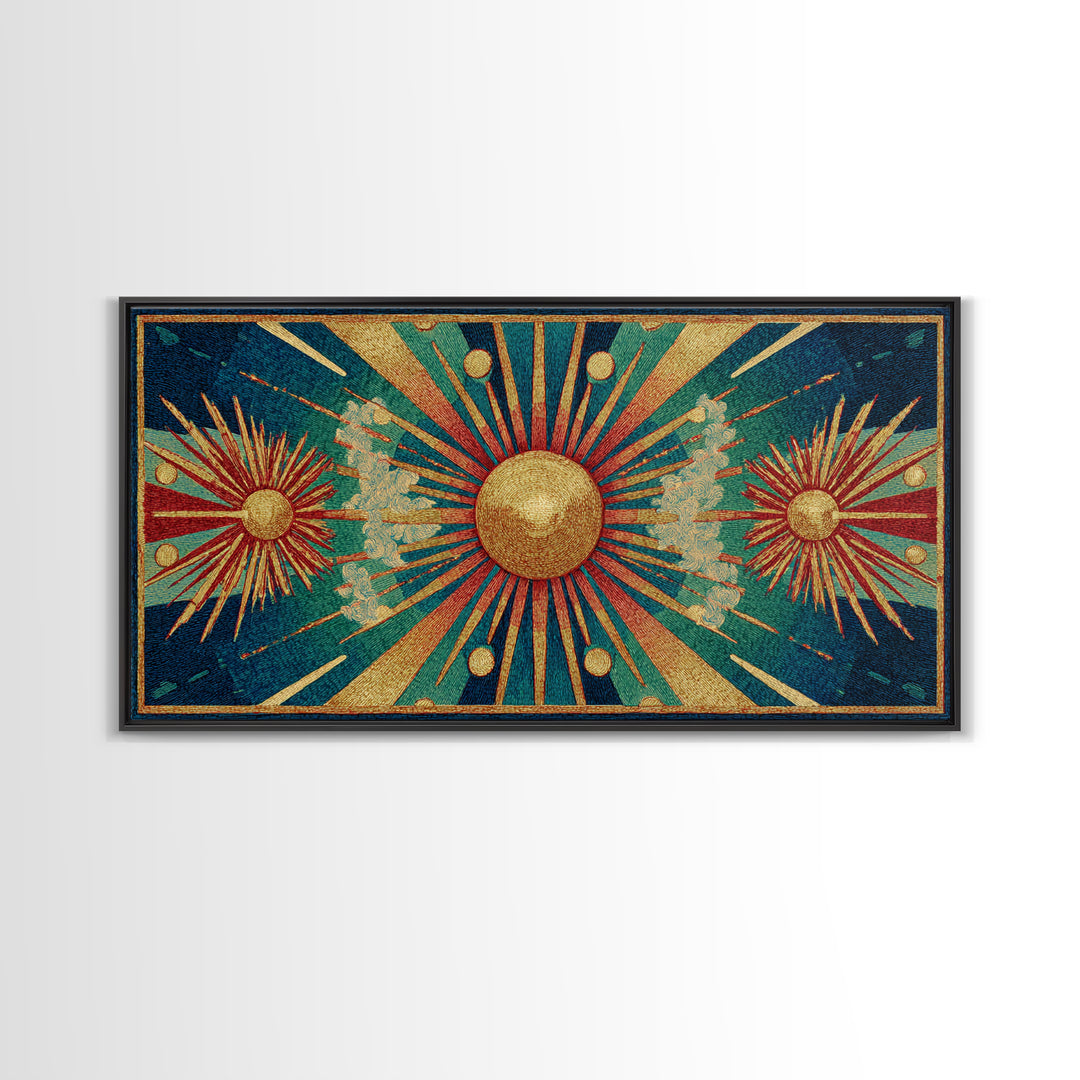 Teal Gold Art Deco Sunburst Wall Art, Midcentury Modern Art Print, Geometric Wall Decor, Retro Atomic Pattern Poster, MCM Home Decor