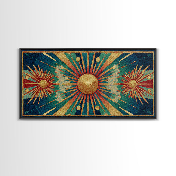 Teal Gold Art Deco Sunburst Wall Art, Midcentury Modern Art Print, Geometric Wall Decor, Retro Atomic Pattern Poster, MCM Home Decor