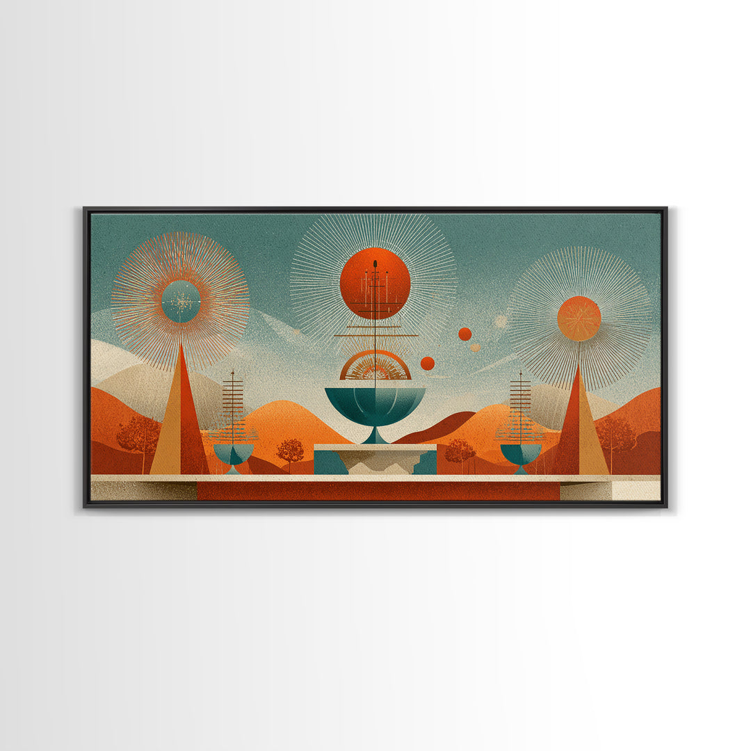 Desert Atomic Fountain Wall Art, Midcentury Modern Art Print, Palm Springs Decor, Orange Teal Geometric Poster, MCM Decor
