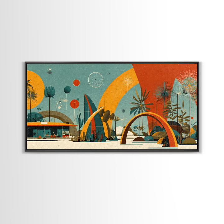 Atomic Desert Resort With Palms And Arches Wall Art, Midcentury Modern Print, Retro Space Age Poster, MCM Home Decor Gift