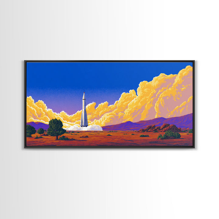 Desert Rocket Launch With Golden Clouds Framed Canvas Print, Retro Sci Fi Poster, Midcentury Modern Wall Art Decor, Gift