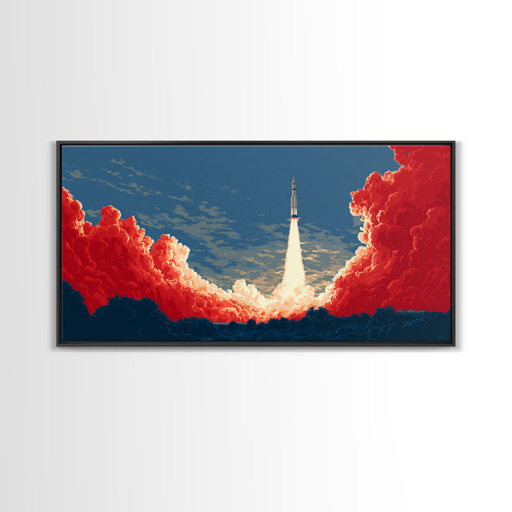 Rocket Launch Through Red Clouds Canvas Print, Retro Sci Fi Poster, Mid Century Modern Wall Art, Bold Space Decor Gift For Him