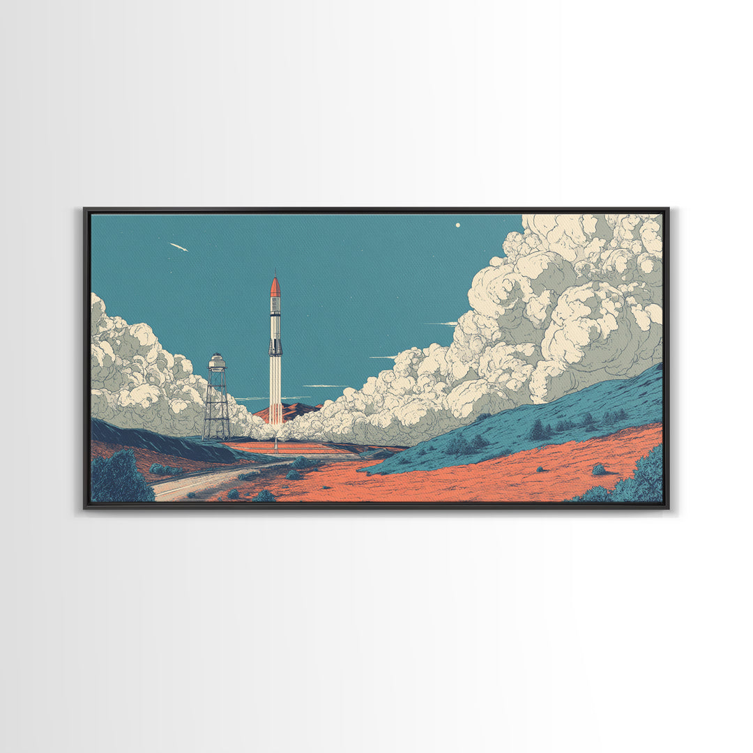 Moonlit Rocket Pad In Blue Desert Wall Art, Midcentury Modern Space Poster, Retro Sci Fi Print, MCM Office Decor Gift Idea