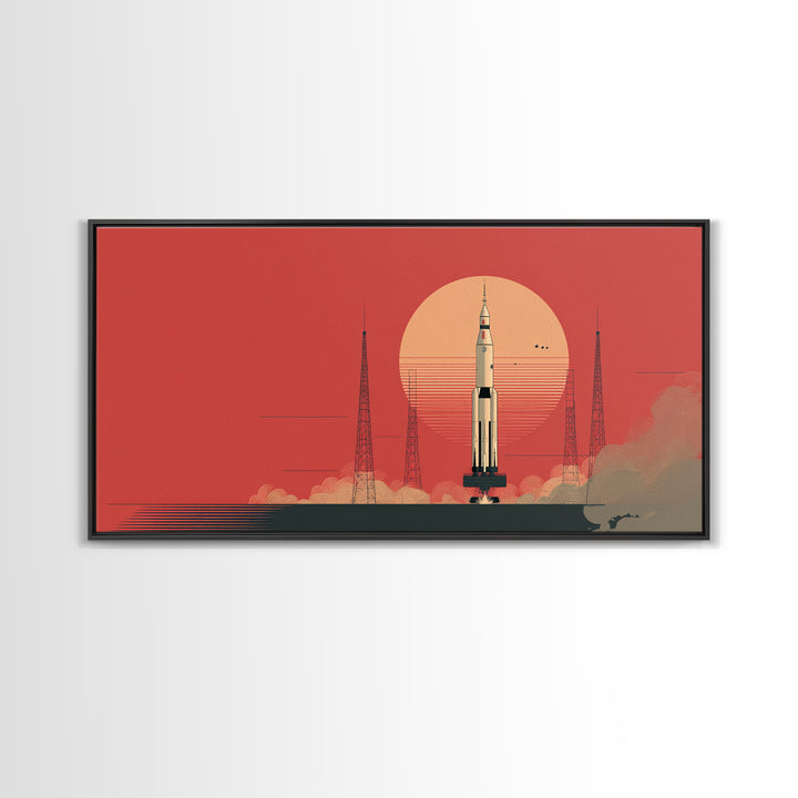 Rocket Launch With Coral Sun Canvas Print, Midcentury Modern Space Age Poster, Atomic Wall Art, Retro Home Decor Gift Idea