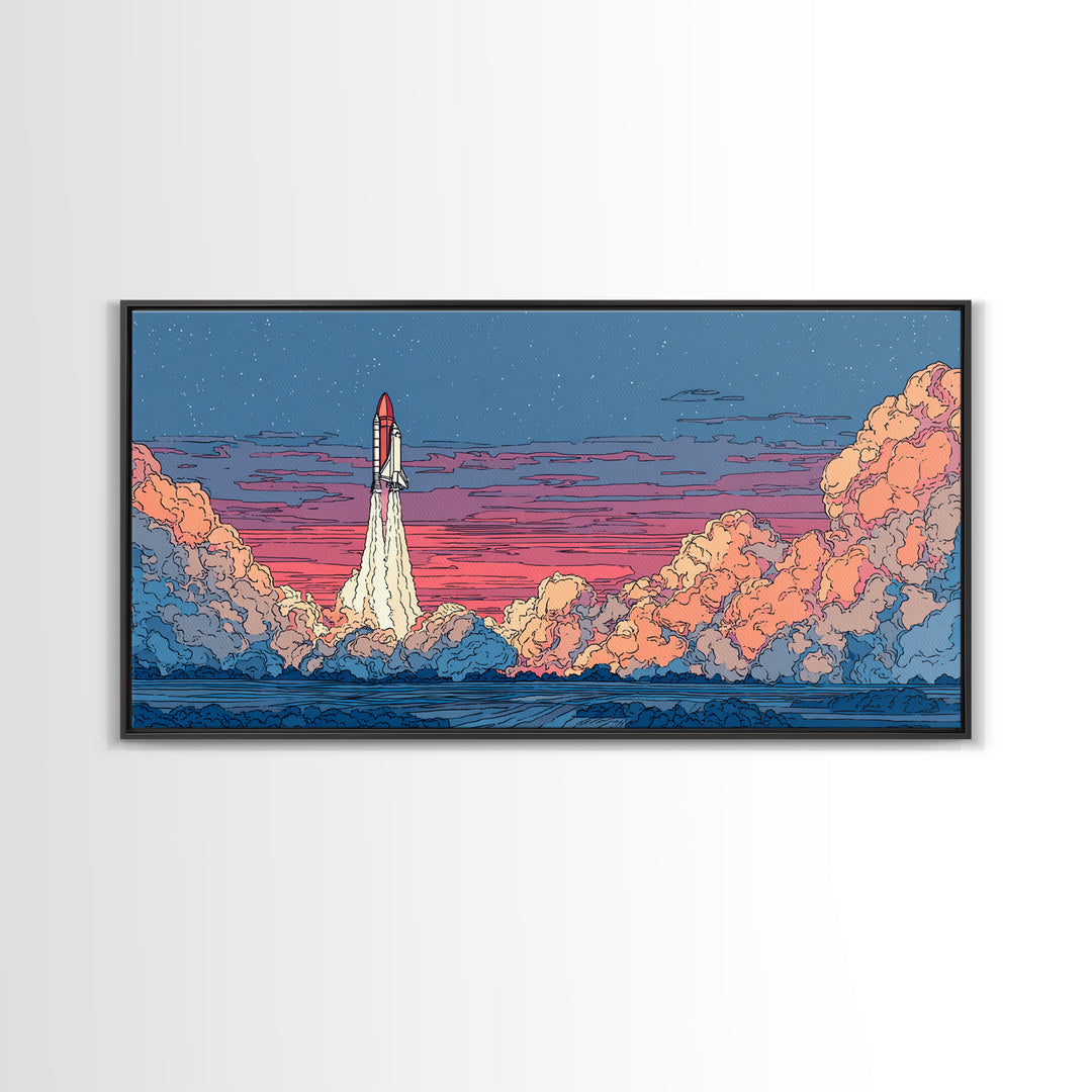 Twilight Rocket Launch Over Ocean Clouds Wall Art, Retro Sci Fi Poster, Mid Century Modern Print, Starry Space Decor Gift
