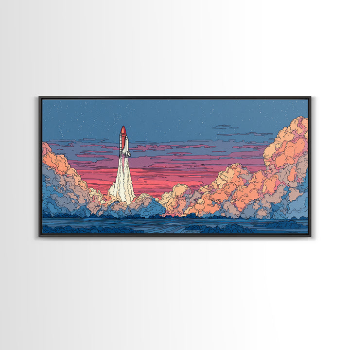 Twilight Rocket Launch Over Ocean Clouds Wall Art, Retro Sci Fi Poster, Mid Century Modern Print, Starry Space Decor Gift