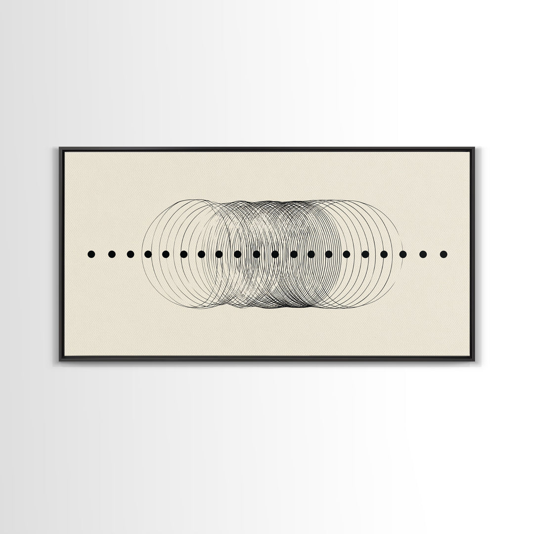 Black Dot Wave Op Art Framed Canvas Print, Midcentury Modern Geometric Wall Decor, Minimalist Office Artwork, Neutral Abstract Design