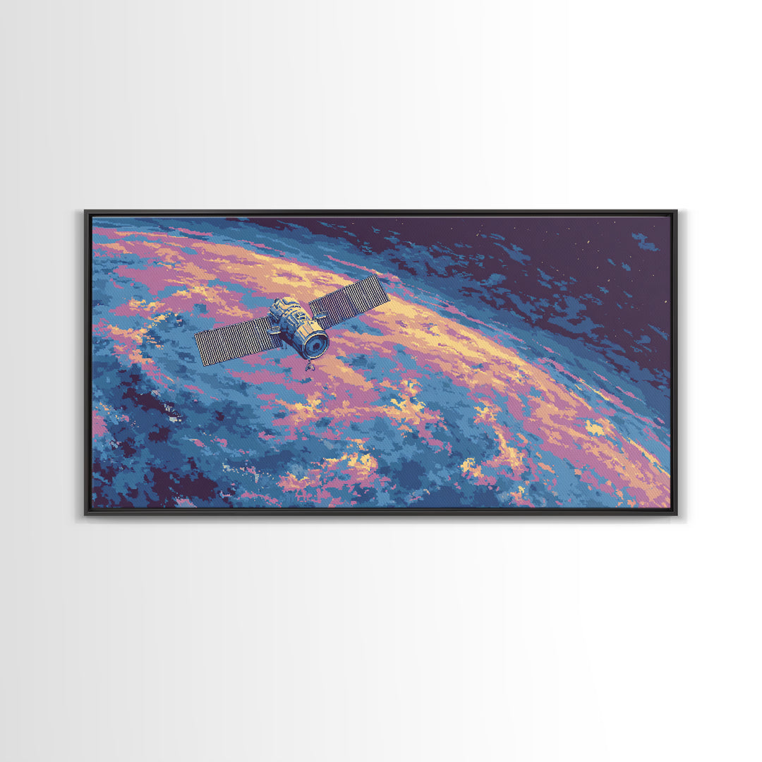 Pixel Satellite Above Colorful Earth Wall Art, Retro Sci Fi Space Poster, Modern Astronaut Decor, Cosmic Digital Art Print