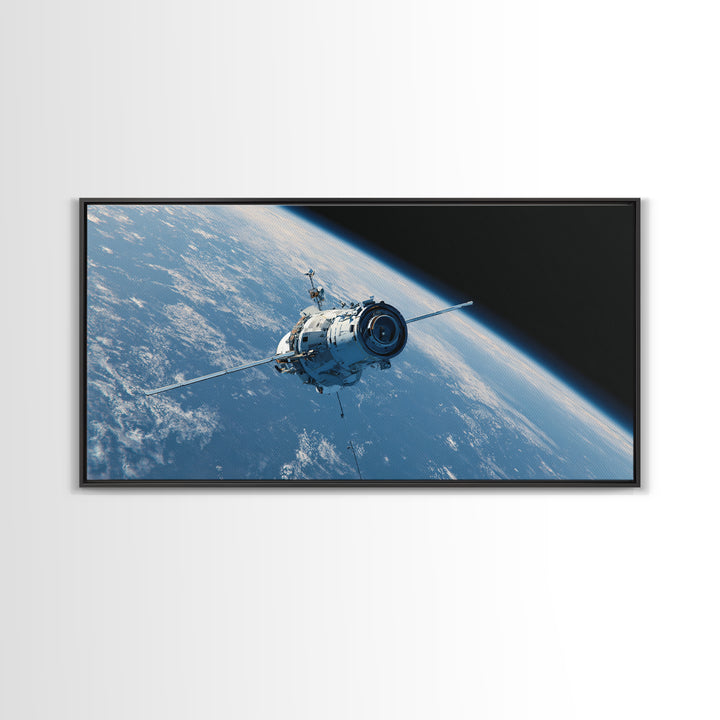 Realistic Spacecraft Orbiting Blue Earth Canvas Print, Modern Space Wall Decor, Satellite Poster, Sci Fi Office Artwork Gift