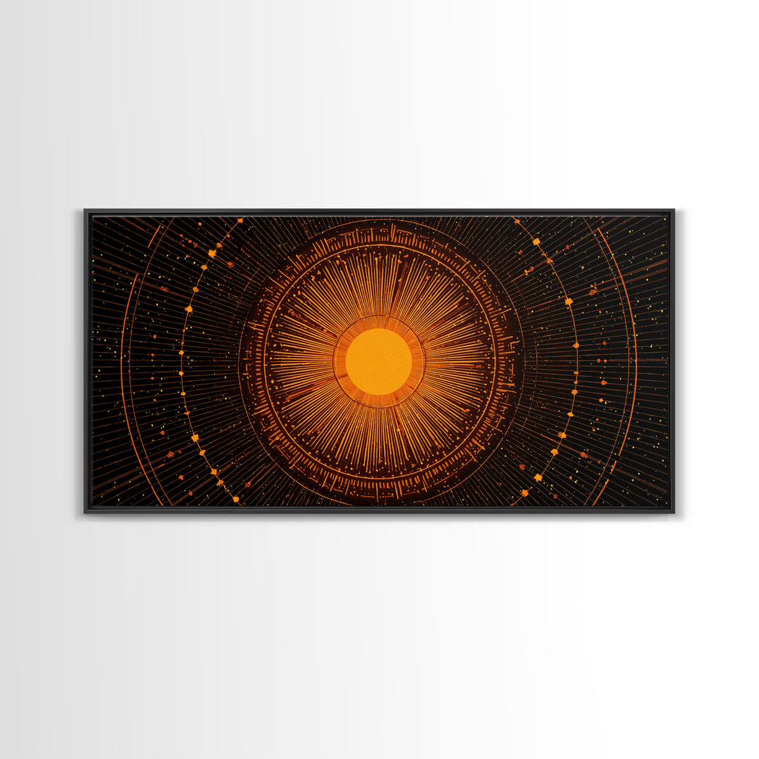 Orange Solar Mandala Interface Wall Art, Retro Sci Fi Circle Poster, Atomic Midcentury Modern Decor, Geometric Sun Print