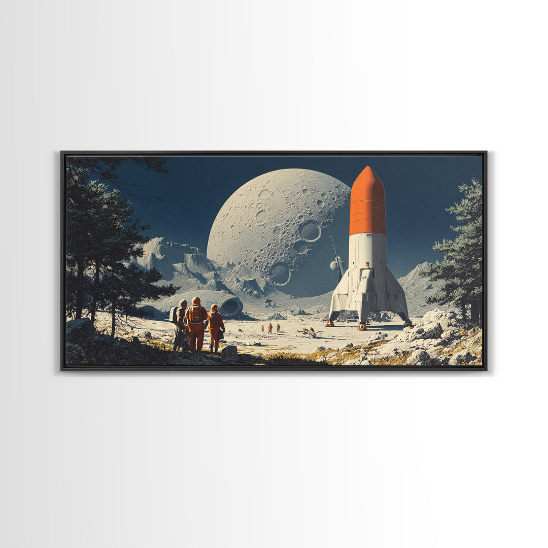 Moon Base Astronauts With Orange Rocket Framed Canvas Print, Retro Space Wall Art, Sci Fi Lunar Landscape Poster Decor Gift