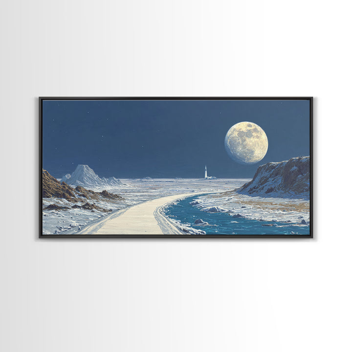 Blue Lunar Coastline With Full Moon Wall Art, Retro Sci Fi Landscape Poster, Space Travel Print, Modern Home Office Decor