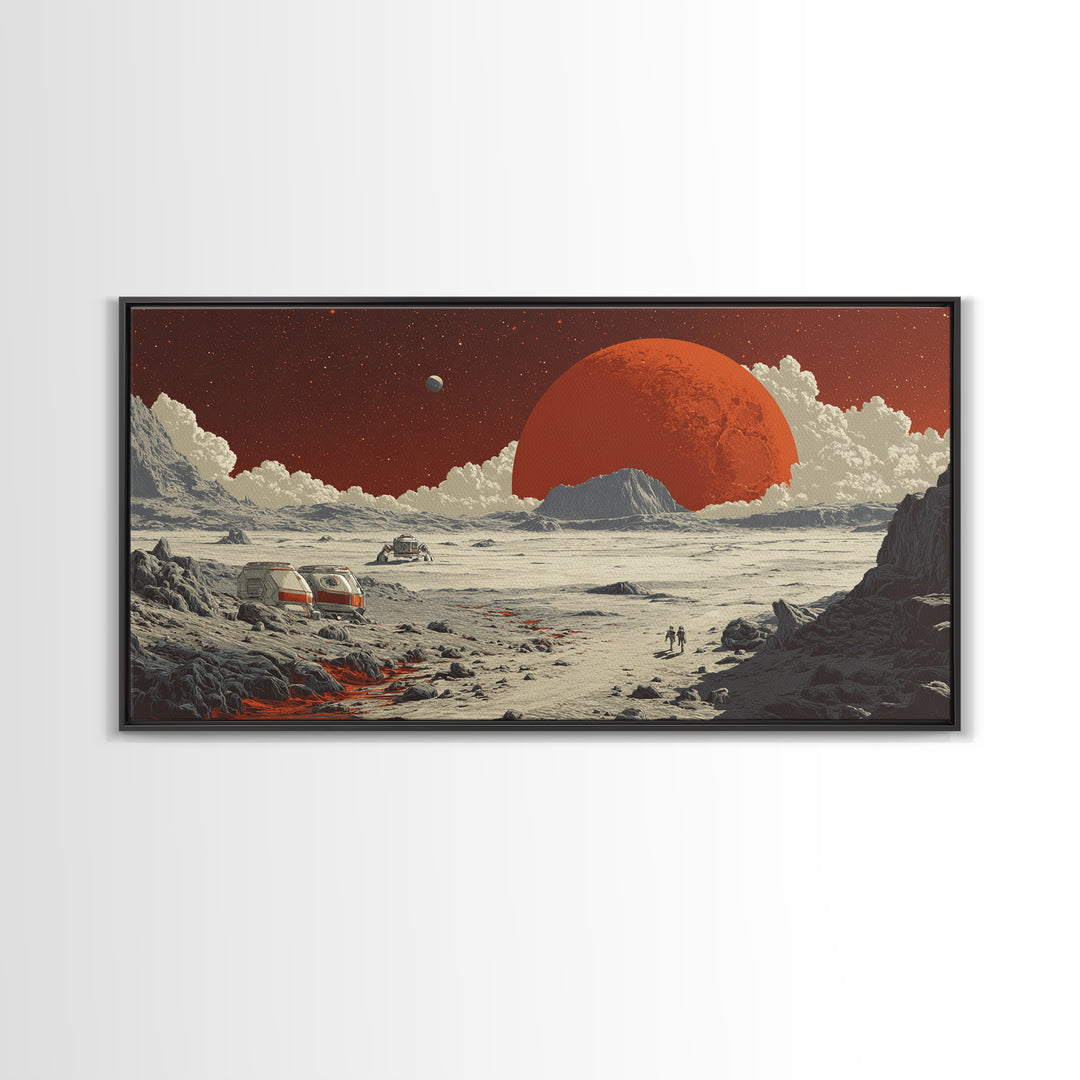 Red Planet Colony With Rovers Canvas Print, Retro Sci Fi Desert Landscape Wall Art, Mars Exploration Poster, Space Decor