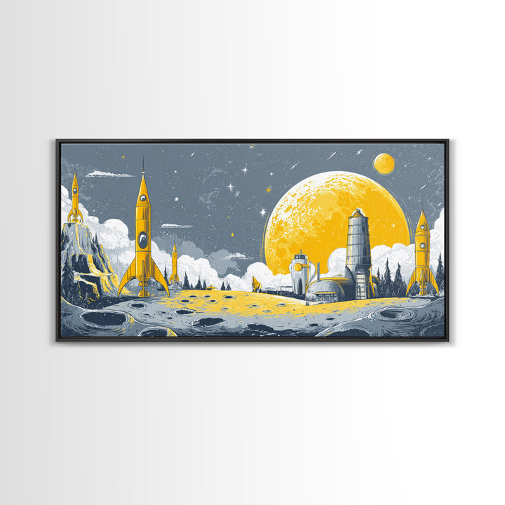Yellow Lunar Colony With Retro Rockets Canvas Print, Midcentury Modern Space Wall Art, Moon Base Poster, Atomic Home Decor