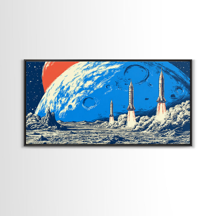 Retro Sci Fi Rocket Launch On Blue Moon Canvas Print, Midcentury Modern Space Poster, Cosmic Wall Decor, MCM Artwork Gift