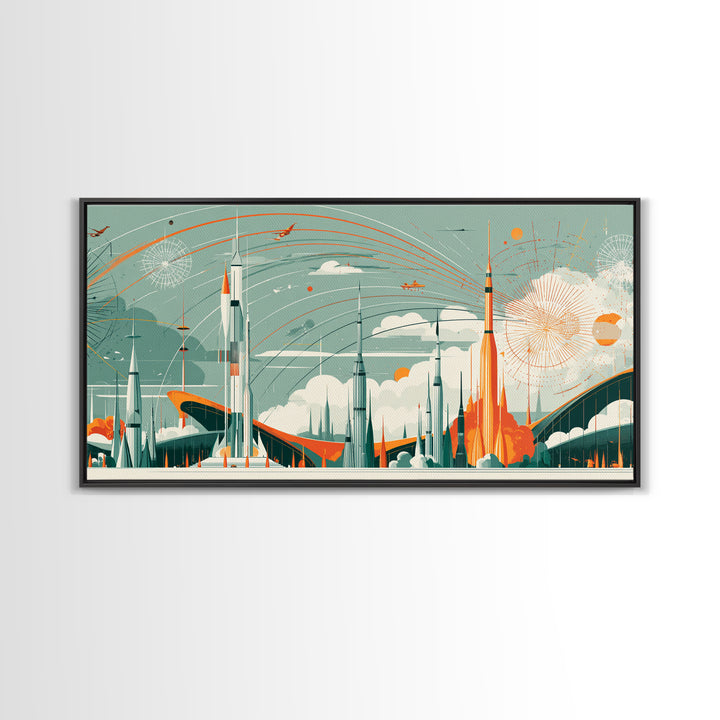 Retro Rocket City With Arcing Skies Canvas Print, Midcentury Modern Wall Art, Space Age Poster, Atomic MCM Home Decor Gift