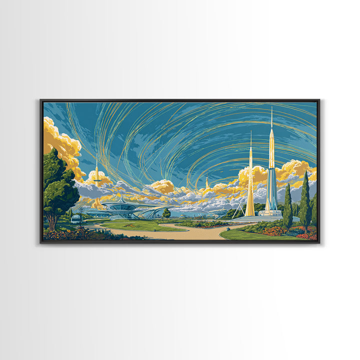 Utopian Spaceport Landscape With Golden Clouds Wall Art, Midcentury Modern Canvas Print, Retro Futurist Poster, MCM Decor