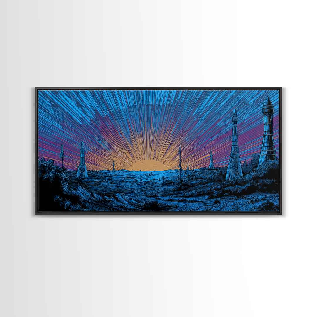Blue Cosmic Sunrise Over Sci Fi Towers Canvas Print, Midcentury Modern Wall Art, Retro Space Poster, Bold MCM Decor Gift