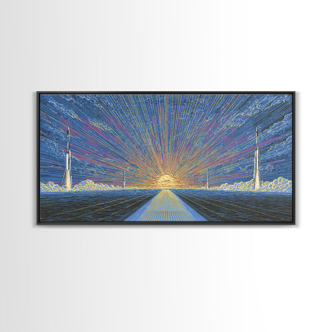 Radiant Rocket Road At Spaceport Sunrise Wall Art, Midcentury Modern Canvas Print, Retro Futurist Poster, MCM Home Decor