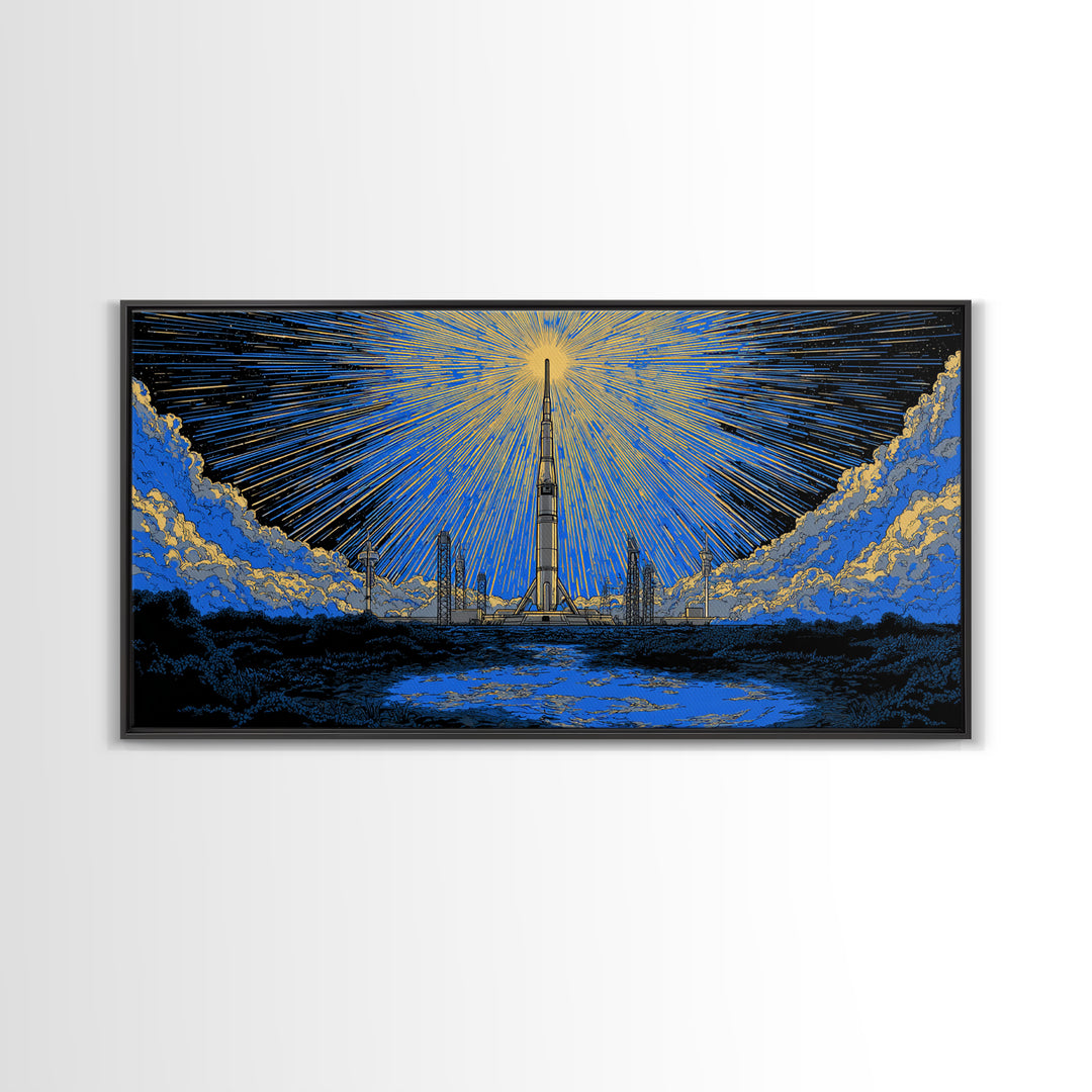 Rocket Launch Tower Beneath Starburst Sky Framed Canvas Print, Midcentury Modern Wall Art, Atomic Retro Space Decor Gift