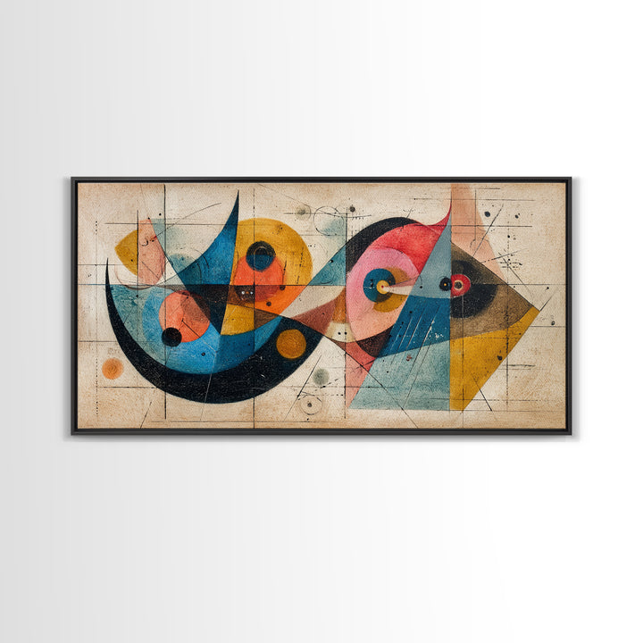 Abstract Bauhaus Fish Shapes In Teal Yellow Pink Wall Art, Midcentury Modern Canvas Print, Geometric Retro Decor, MCM Poster
