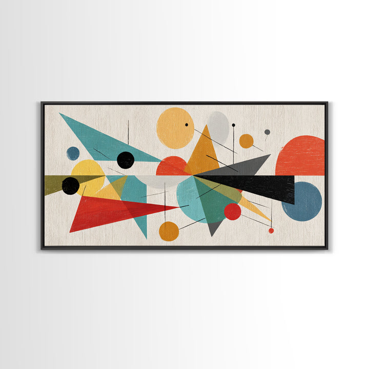 Playful Circles And Triangles Framed Canvas Print, Midcentury Modern Art, Colorful Geometric Wall Decor, Abstract Poster