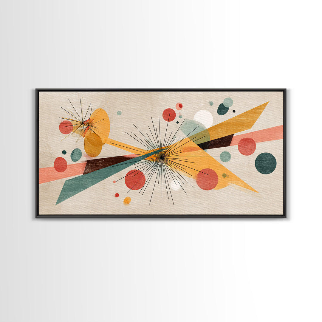 Atomic Starbursts With Teal Gold Shapes Wall Art, Midcentury Modern, Abstract Geometric Poster, Retro MCM Living Room Decor