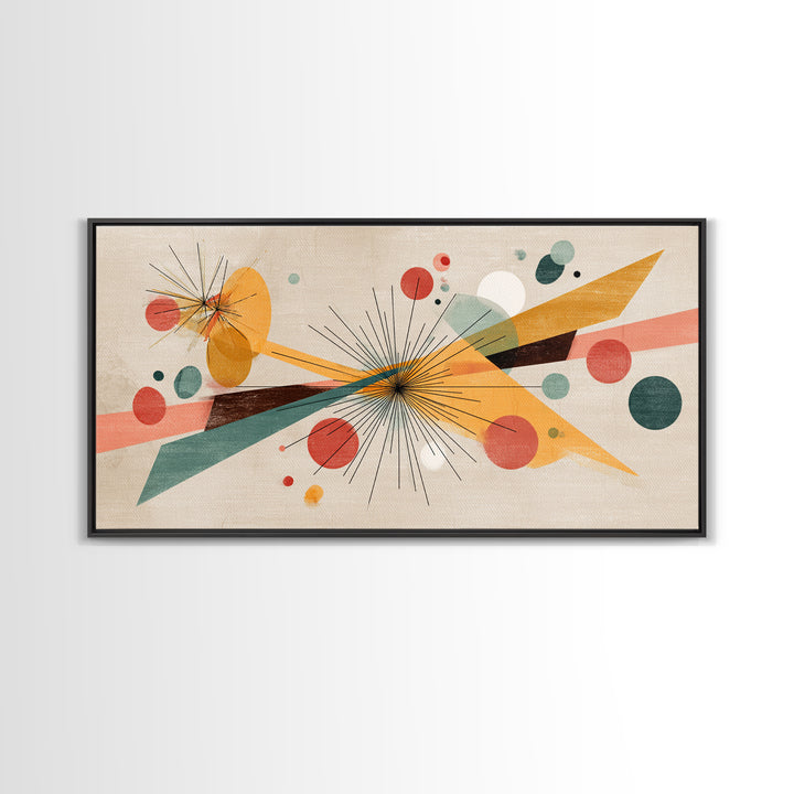 Atomic Starbursts With Teal Gold Shapes Wall Art, Midcentury Modern, Abstract Geometric Poster, Retro MCM Living Room Decor