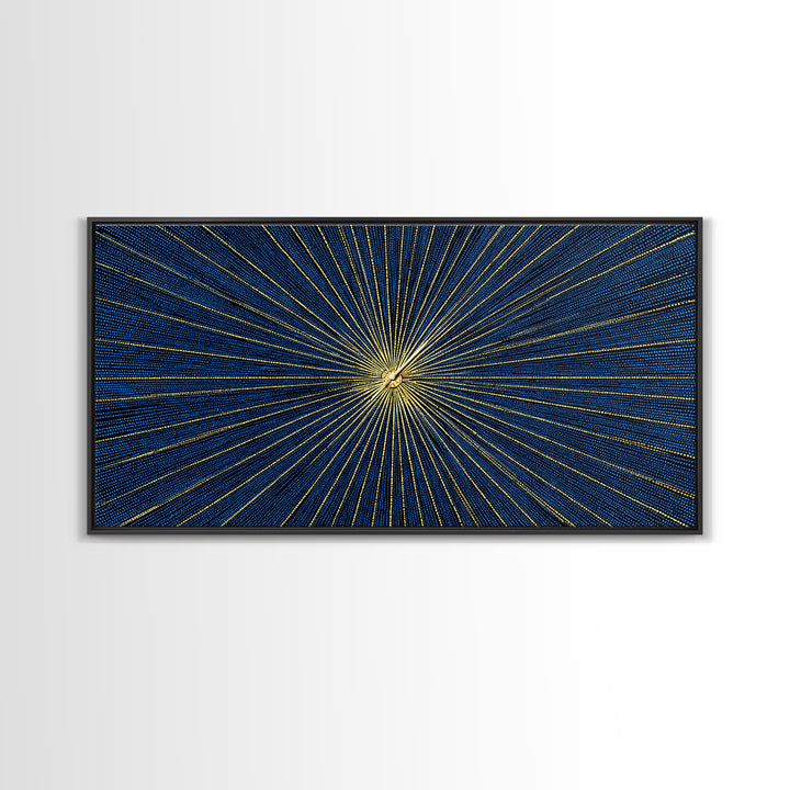 Blue Gold Radiating Op Art Wall Art, Midcentury Modern, Geometric Abstract Print, Atomic Sunburst, Modern Wall Decor, Living Room Art