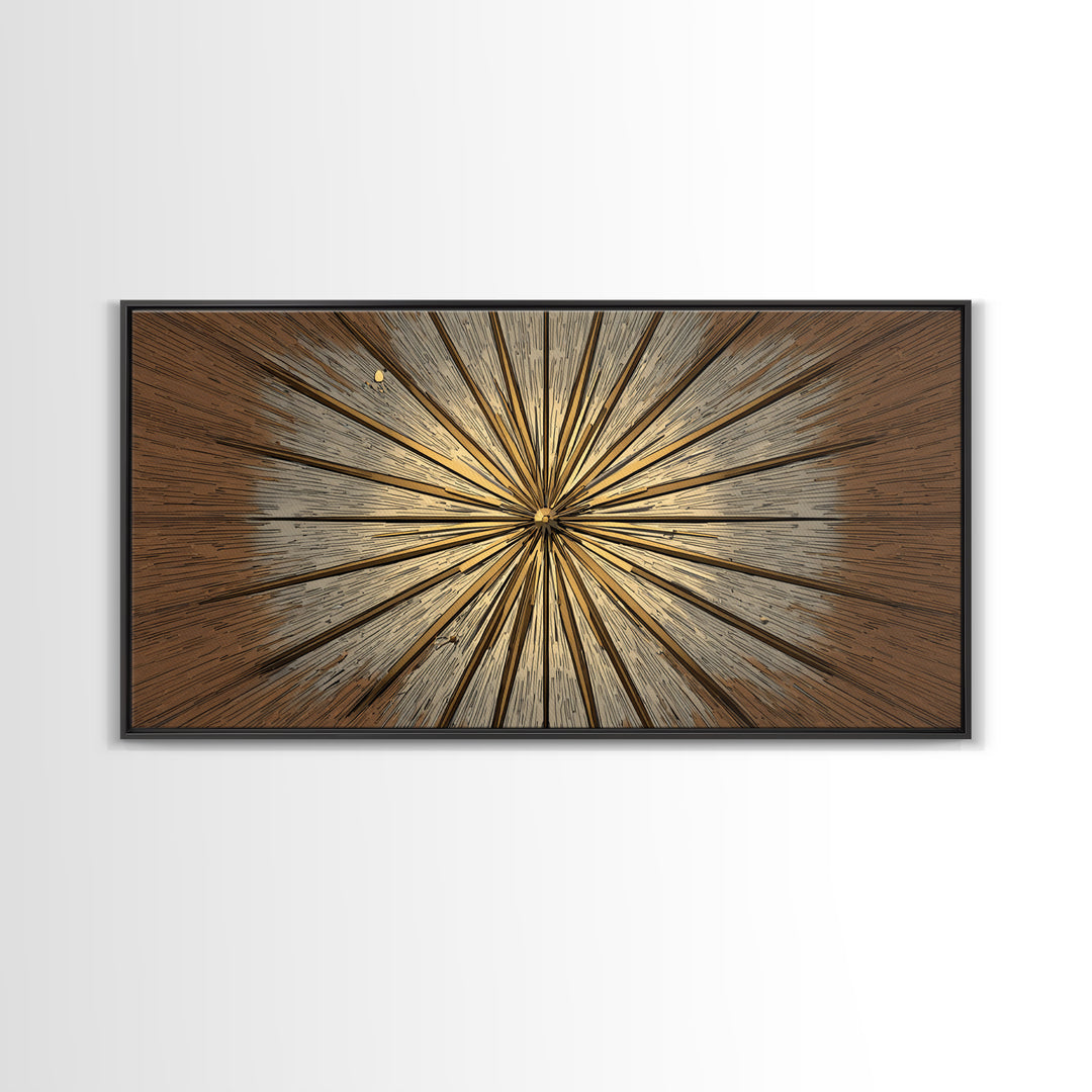 Brown Gold Woodgrain Sunburst Framed Canvas Print, Midcentury Modern Art, Neutral Wall Decor, Geometric Abstract Poster Art
