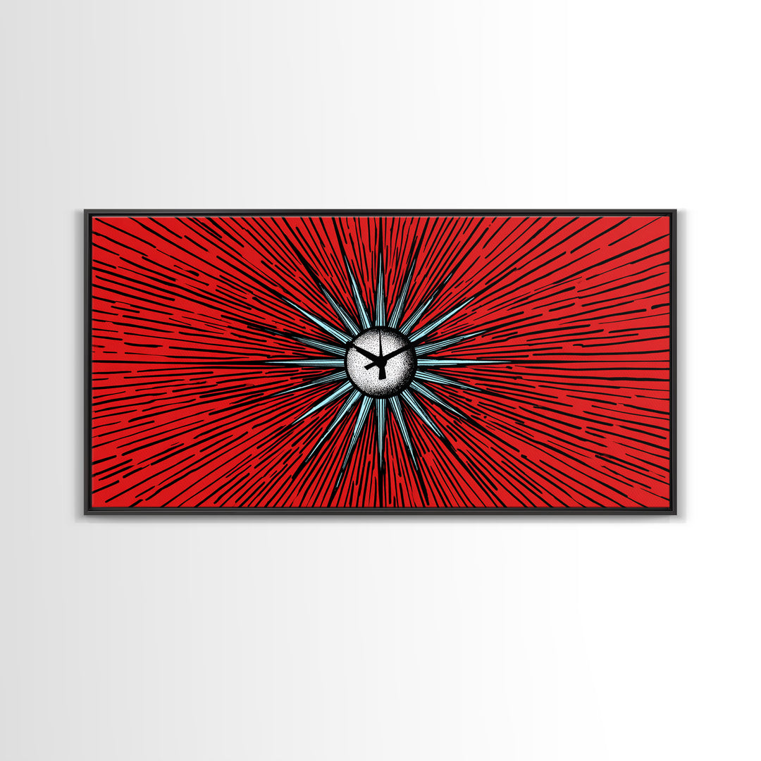 Red Atomic Starburst Clock Wall Art, Mid Century Modern Decor, Retro Sci Fi Poster, MCM Abstract Print, Bold Office Decor