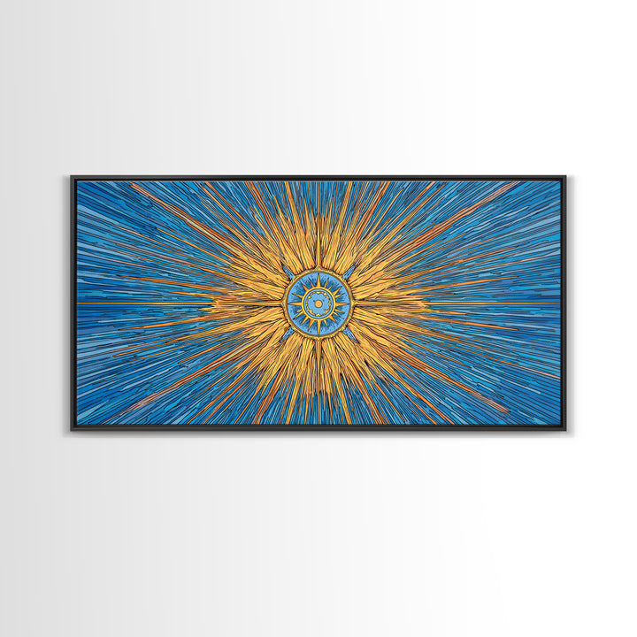 Blue Gold Solar Compass Canvas Print, Mid Century Modern Wall Decor, Atomic Sunburst Poster, Celestial Abstract Art, Office Decor
