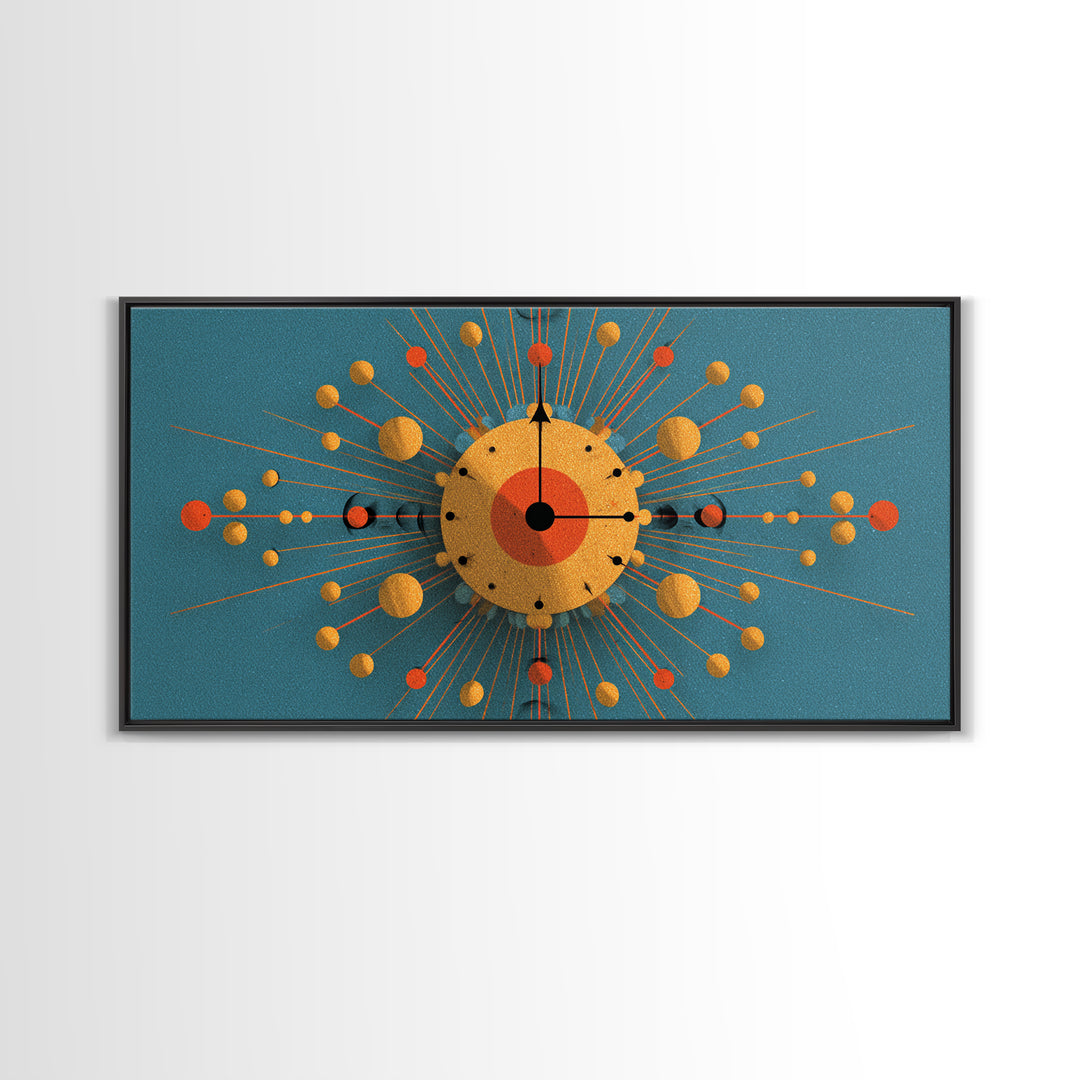 Teal Gold Atomic Clock Framed Canvas Print, Mid Century Modern Wall Art, Retro Space Age Poster, MCM Geometric Office Decor
