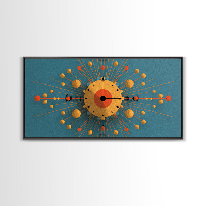 Teal Gold Atomic Clock Framed Canvas Print, Mid Century Modern Wall Art, Retro Space Age Poster, MCM Geometric Office Decor