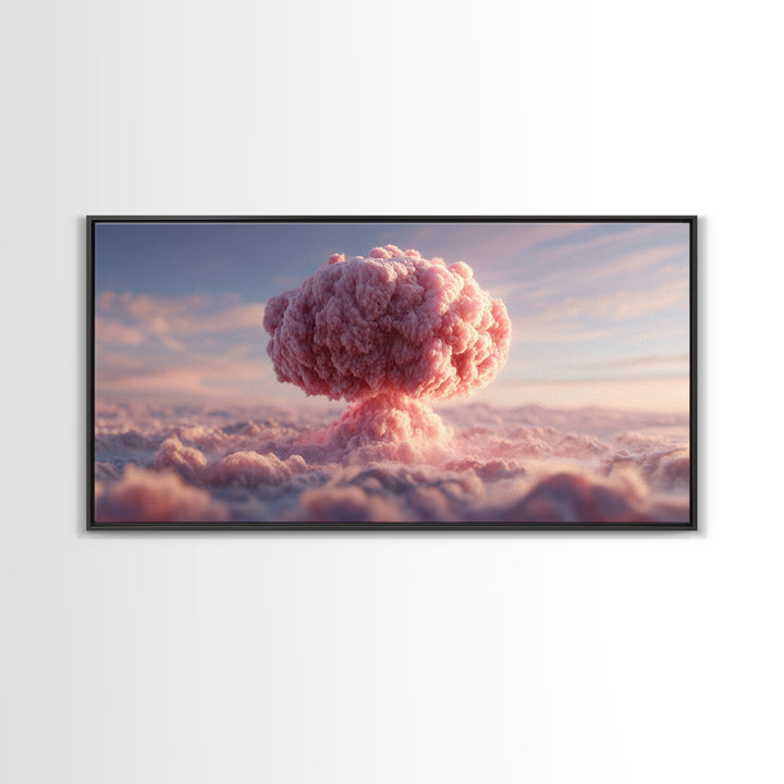 Pink Mushroom Cloud Wall Art, Surreal Sky Landscape, Modern Contemporary Decor, Pastel Statement Poster, Framed Canvas Print