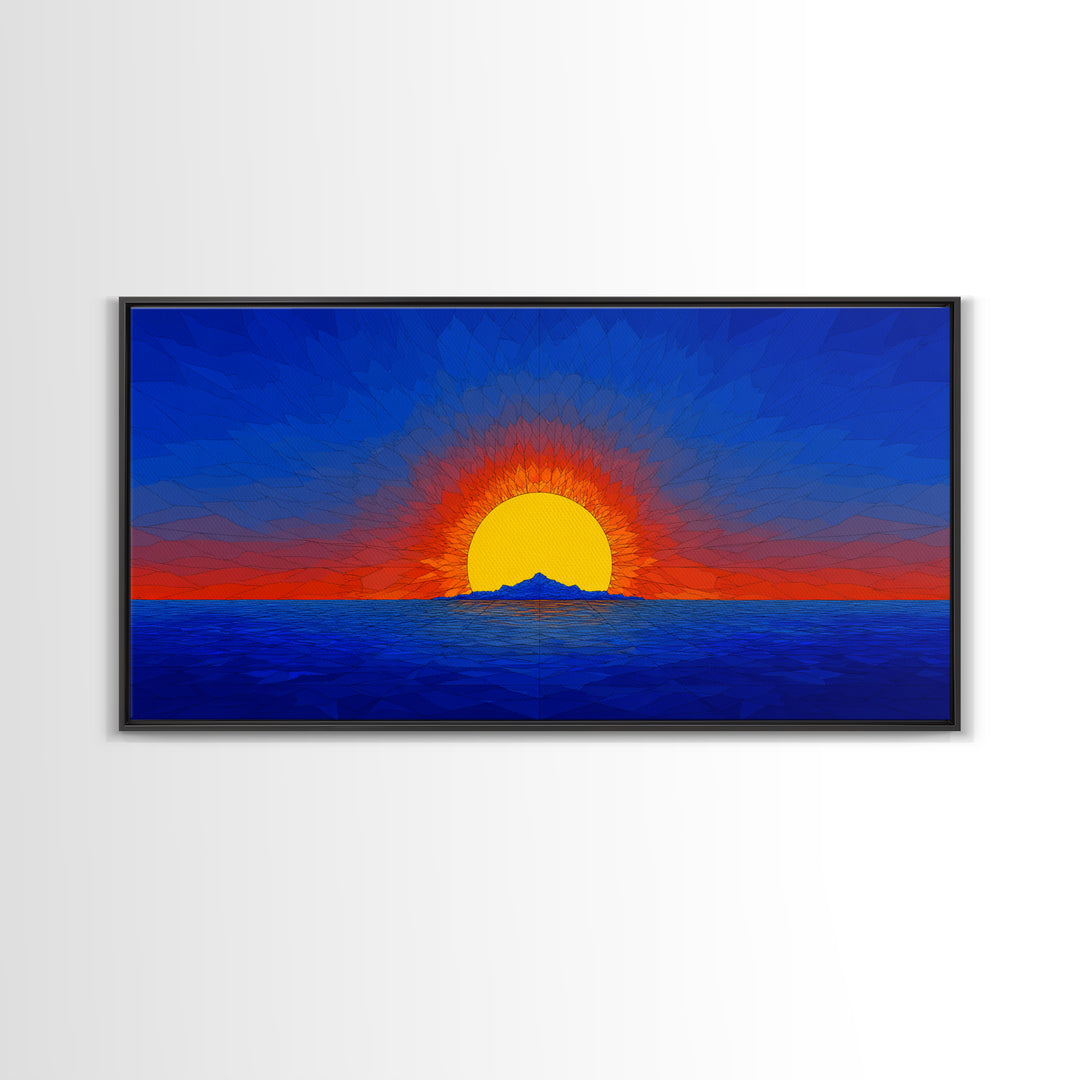 Geometric Ocean Sunset Wall Art, Mid Century Modern Landscape, Retro Sun Poster, Blue Orange Canvas Print For Coastal Decor
