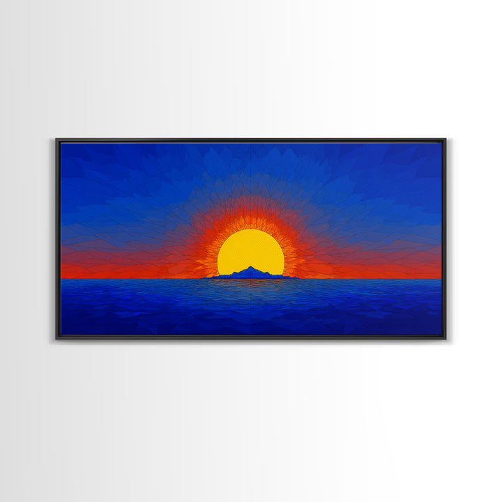 Geometric Ocean Sunset Wall Art, Mid Century Modern Landscape, Retro Sun Poster, Blue Orange Canvas Print For Coastal Decor