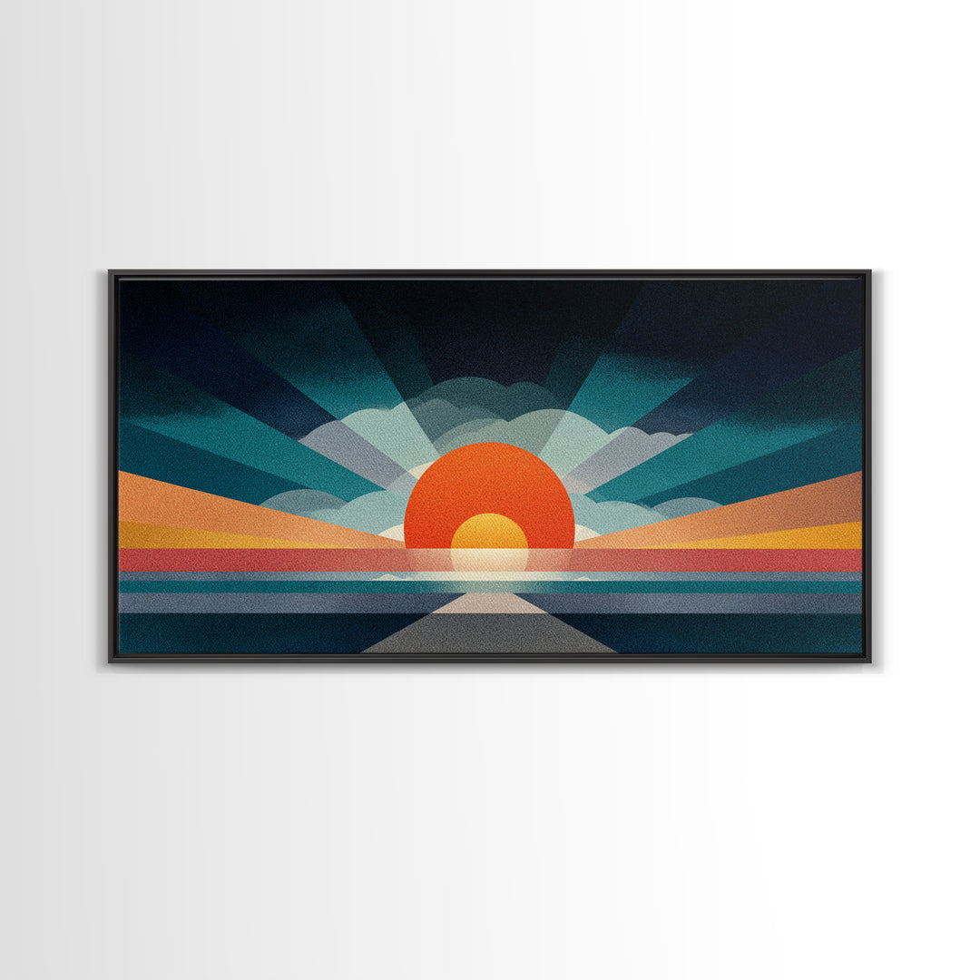 Retro Radiant Sunrise Wall Art, Mid Century Modern Geometric Poster, Abstract Desert Sun Canvas Print, Colorful Home Decor