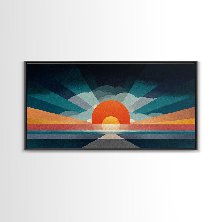 Retro Radiant Sunrise Wall Art, Mid Century Modern Geometric Poster, Abstract Desert Sun Canvas Print, Colorful Home Decor