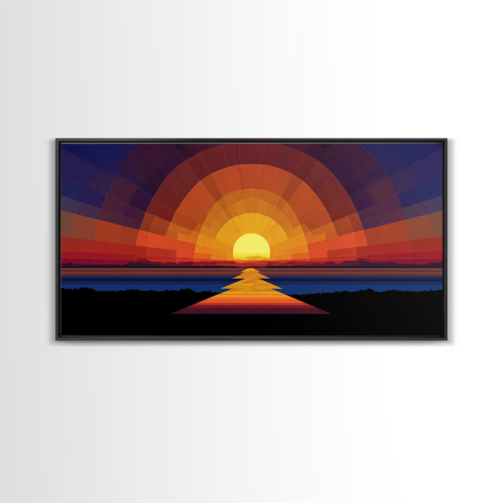 Geometric Sunset Over Ocean Path Wall Art, Mid Century Modern Abstract, Retro Sun Poster, Colorful Living Room Decor Print