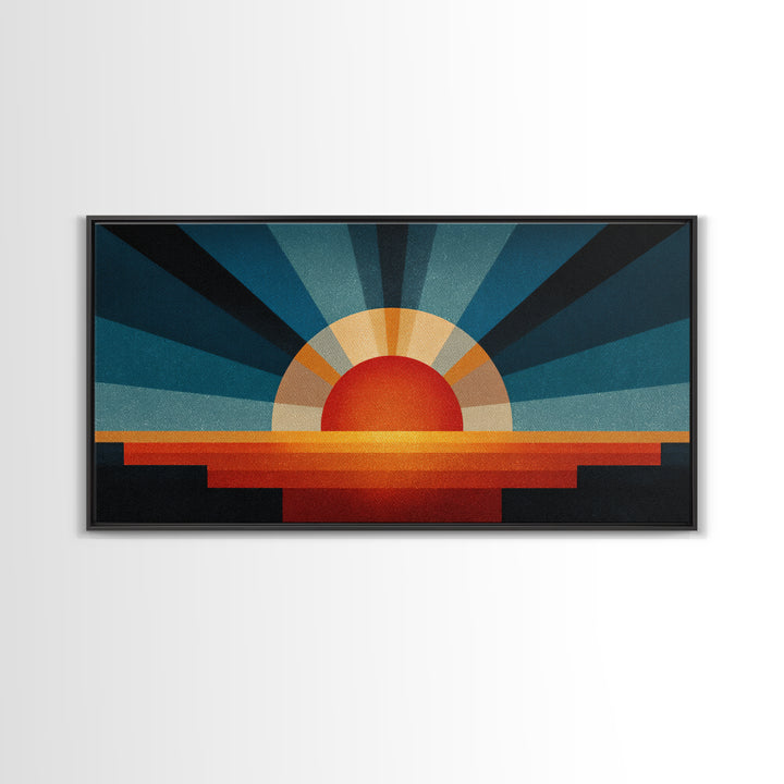 Textured Sun Rising Over Horizon Canvas Print, Mid Century Modern Abstract, Retro Wall Decor, Orange Blue Living Room Art