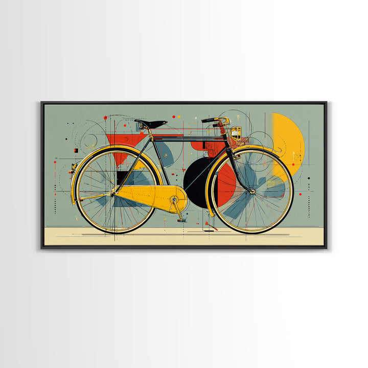Classic City Bicycle With Abstract Circles Framed Canvas Print, Mid Century Modern Wall Art, Retro Bike Poster, Studio Decor