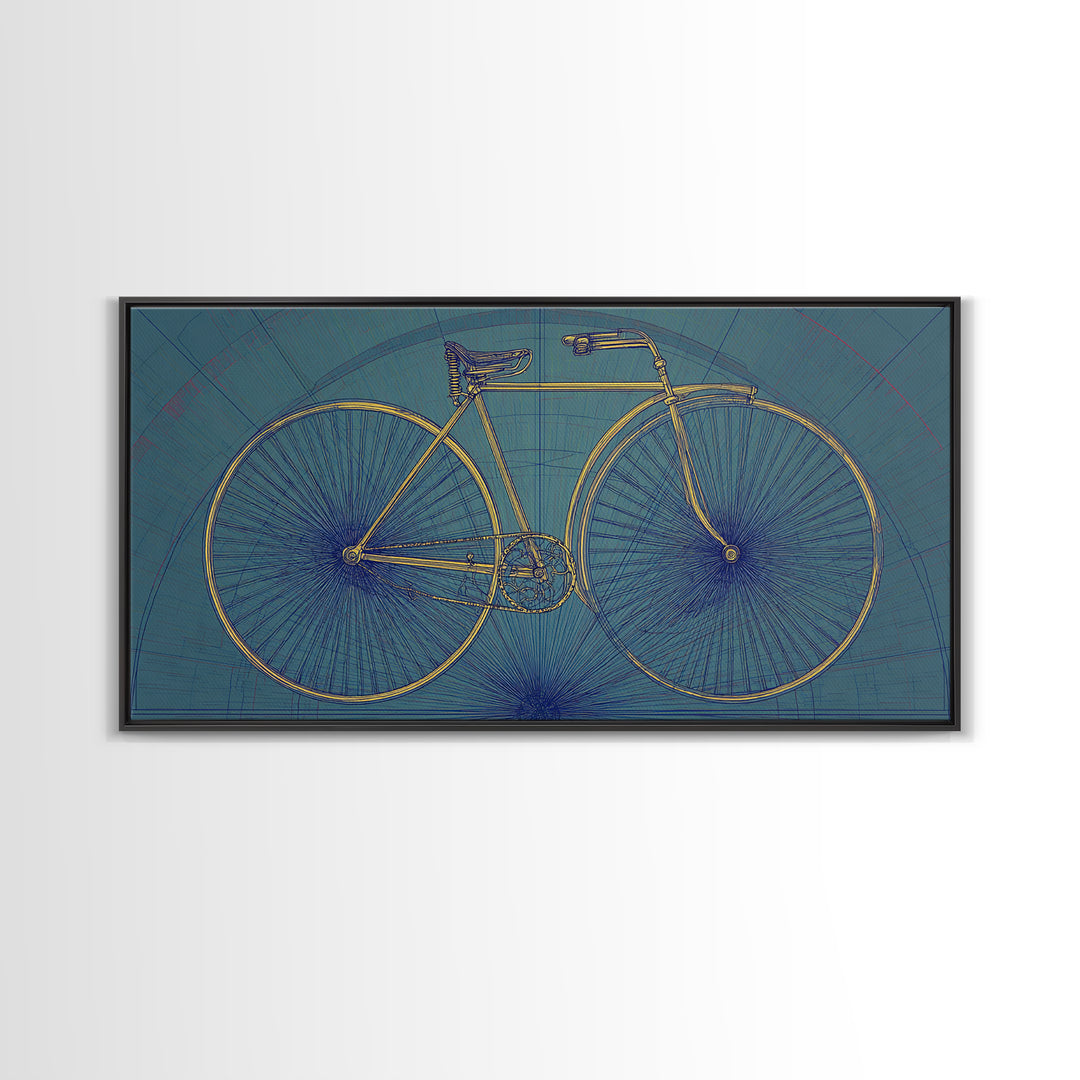 Technical Line Drawing Bicycle On Blue Framed Canvas Print, Mid Century Modern Art, Retro Cycling Poster, Home Office Decor