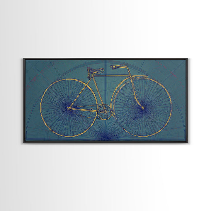 Technical Line Drawing Bicycle On Blue Framed Canvas Print, Mid Century Modern Art, Retro Cycling Poster, Home Office Decor